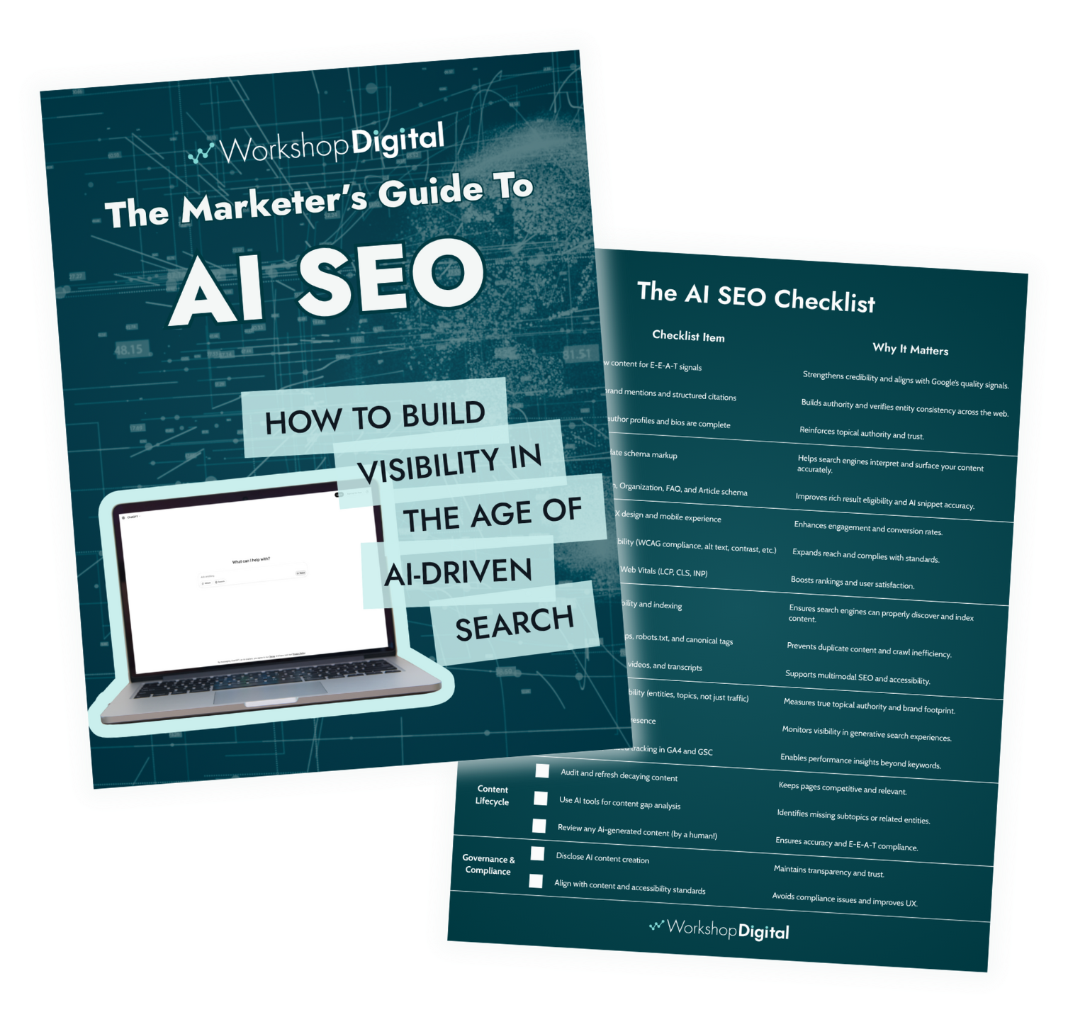 The Marketer's Guide to AI SEO cover page and checklist page.