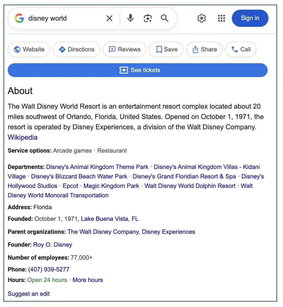 Disney Google Knowledge Panel