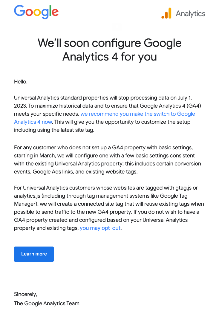 GA4 Automated Migration Email