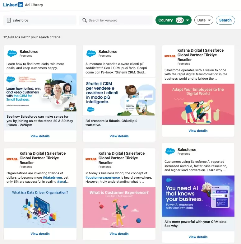 A screenshot of a LinkedIn Ad Library showing multiple Salesforce-related ads. The ads promote CRM tools, benefits, and digital transformation with options to view details.