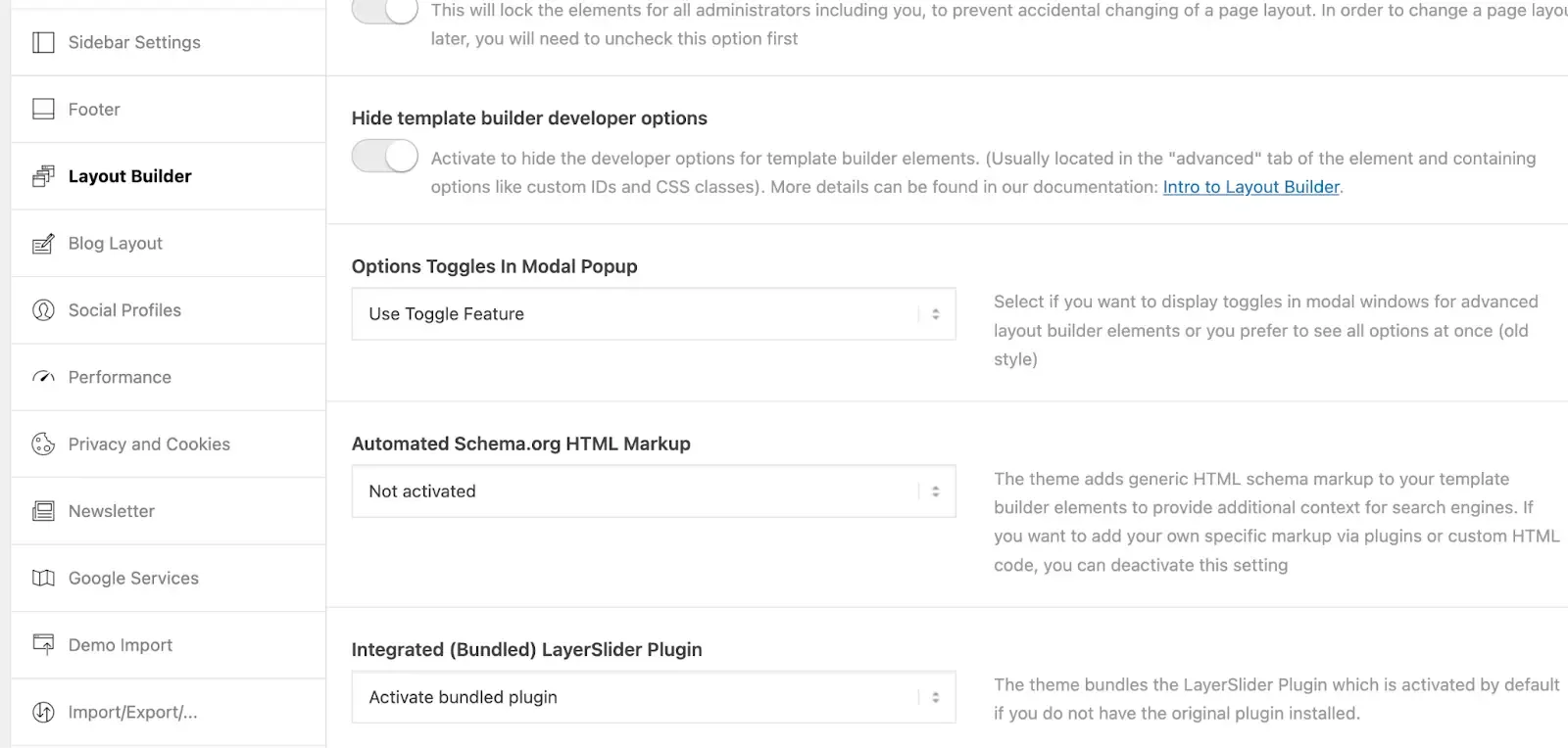 Example showing where to disable the Schema HTML Markup in the backend of the Enfold layout builder