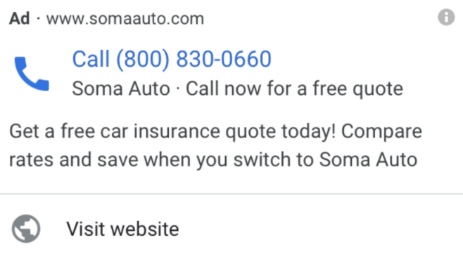 Example of call ads in Google Ads