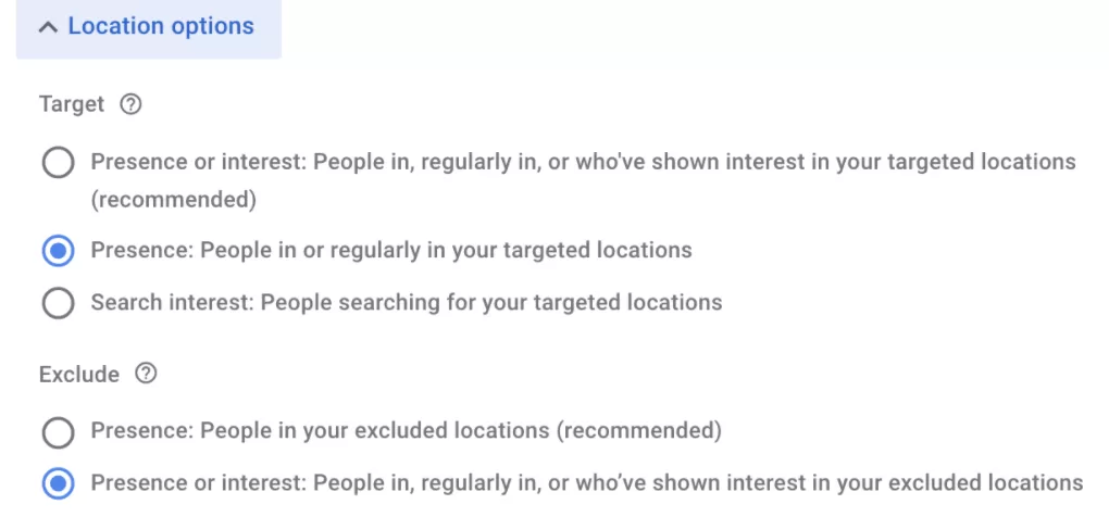 Location options in Google Ads