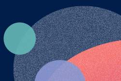 Abstract geometrical shapes in shades of teal, purple, and salmon with a grainy overlay.