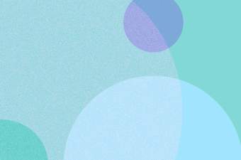 Floating abstract shapes in shades of purple, blue, and teal on a teal background.