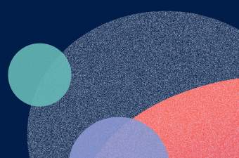 Abstract geometrical shapes in shades of teal, purple, and salmon with a grainy overlay.