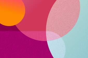Abstract digital art featuring overlapping geometric shapes in shades of orange, red, and blue against a raspberry backdrop.