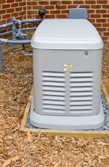 Outdoor standby generator installed next to a brick building, symbolizing reliable infrastructure and long-term ROI.