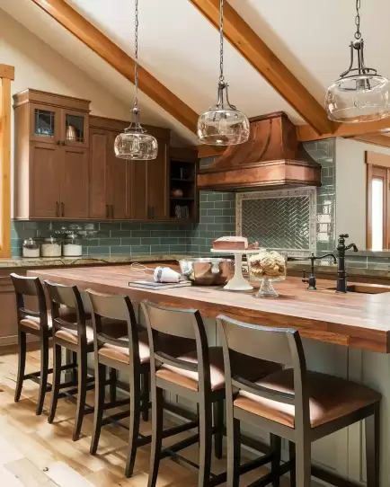 Stylish kitchen with wooden island and pendant lights, representing ROI success for interior design brand Lisman Studio.