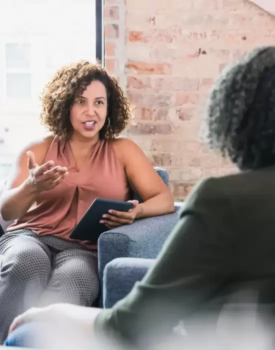 Therapist having a conversation with a client in a bright, modern office, symbolizing organic traffic growth.