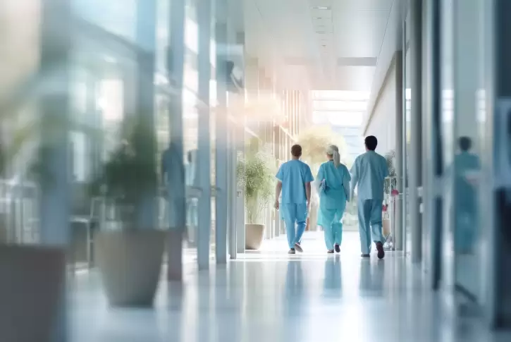 Healthcare professionals walking down a hospital hallway.