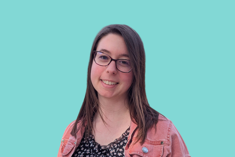 Portrait of Hannah Johnson on a teal background.