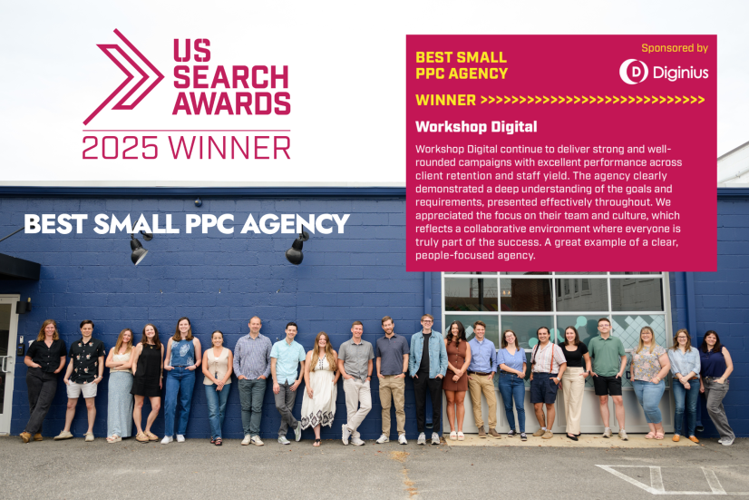 Workshop Digital wins 2025 US Search Award for Best Small PPC Agency, team standing together outside office.