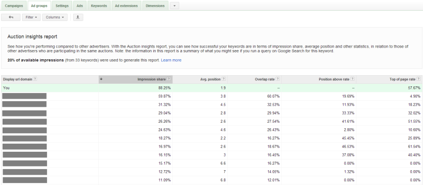 Screenshot of auction insights report
