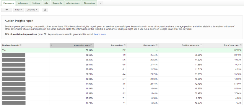 Screenshot of auction insights report