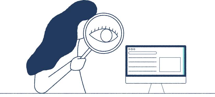 illustration of person inspecting computer through a huge magnifying glass