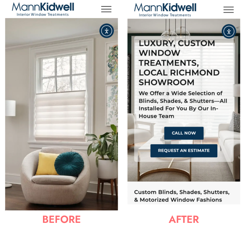 Side-by-side mobile screenshots showing MannKidwell’s landing page before and after UX optimization.