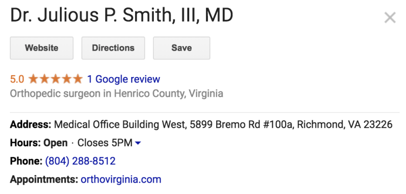 Screenshot showing local rankings in Google for Dr. Julious P. Smith, III, MD