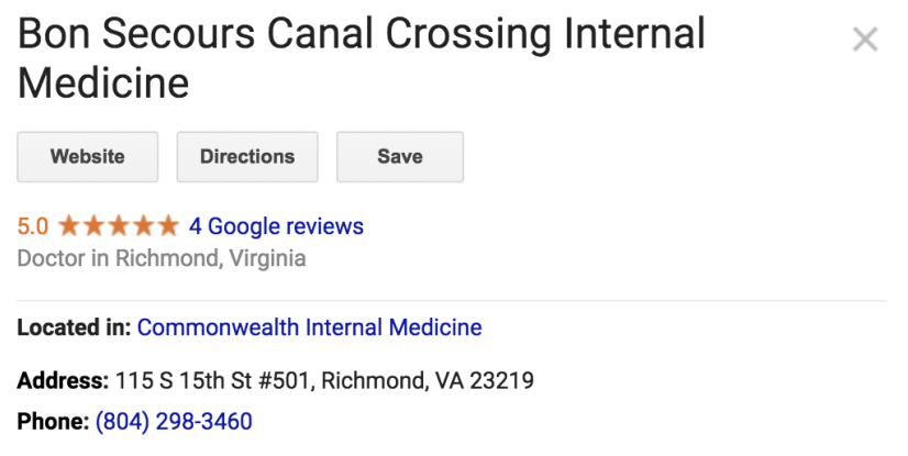Screenshot showing local rankings in Google for Bon Secours Canal Crossing Internal Medicine