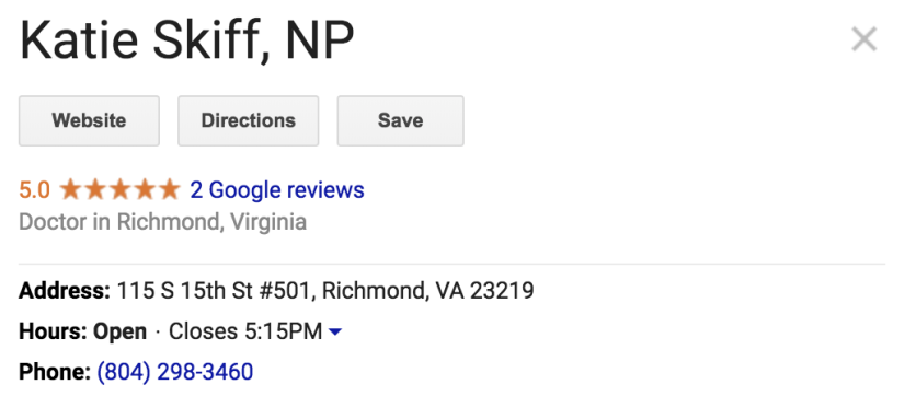 Screenshot showing local rankings and reviews in Google for Dr. Katie Skiff