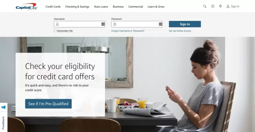 Screenshot of Capital One home page showing the logo in the top left corner