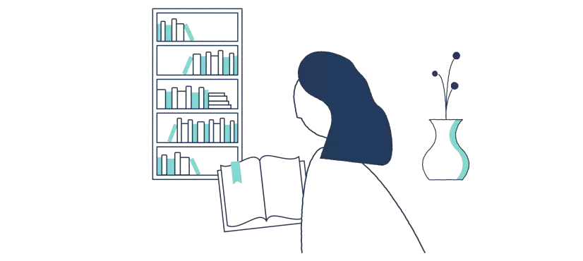 graphic of person reading a book next to a full bookshelf