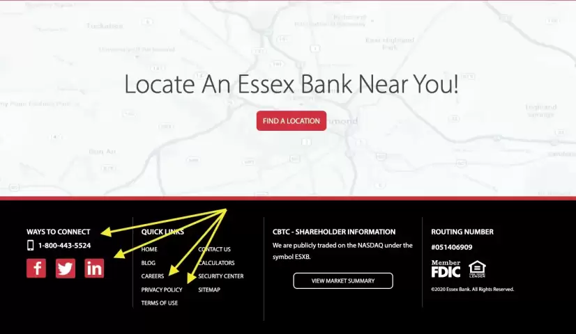 Screenshot of Essex Bank footer showing careers and contact