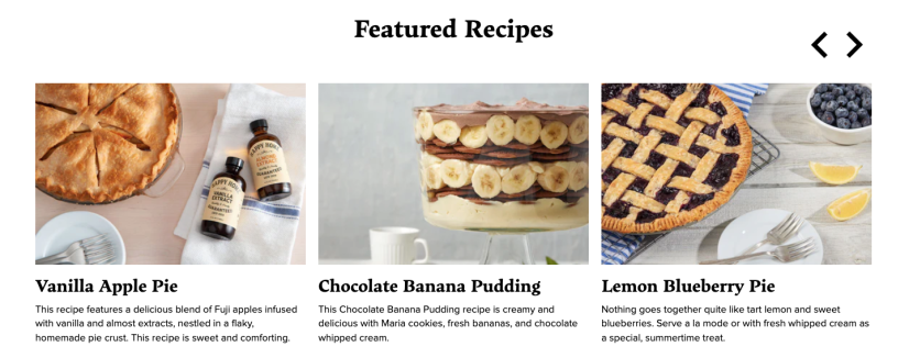 A screenshot of 3 featured recipe cards, with images and descriptions.