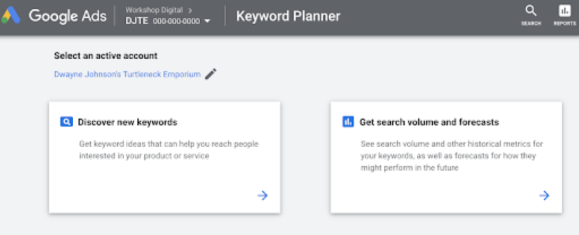 Screenshot of Keyword Planner with “Get search volume and forecasts” selected