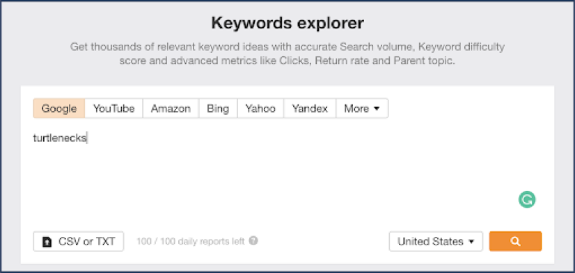 Screen shot of Ahrefs Keywords explorer tool