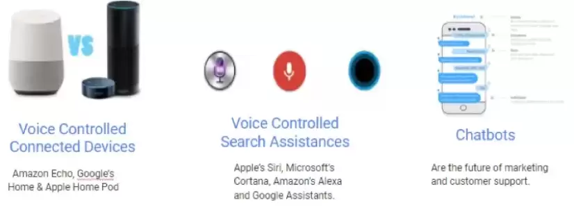 Voice controlled connected devices, voice controlled search assistants, chatbots,