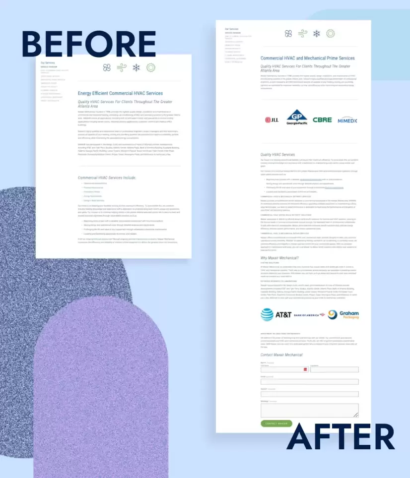 Comparison of two web pages: the "before" page is text-heavy, while the "after" page includes logos and a contact form.