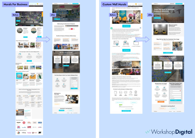 Before and after screenshots of two redesigned landing pages for Murals Your Way.