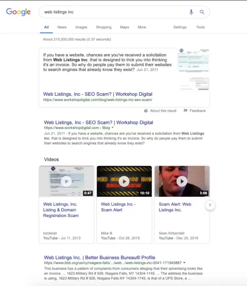 Organic search results page web listings inc