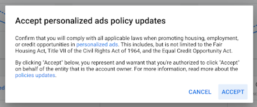 Screenshot of Google Ads Personalized ads updates confirmation