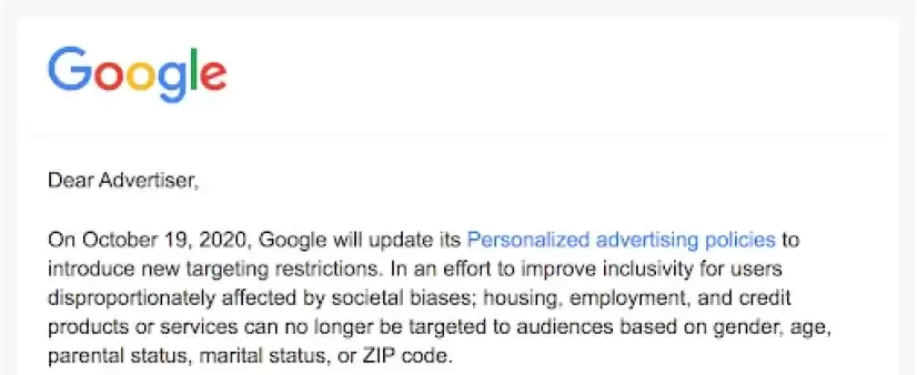 Screenshot of Google Personalized advertising policies updates
