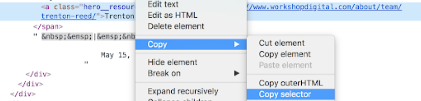 Screenshot of Screaming Frog copy selector option
