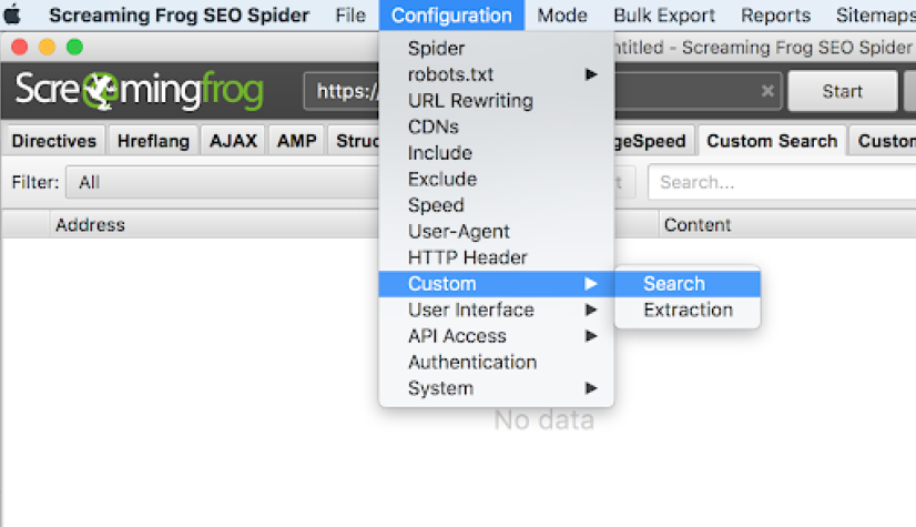 Screenshot of Screaming Frog custom search