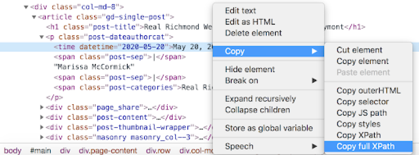 Screenshot of Screaming Frog - copy full XPath option