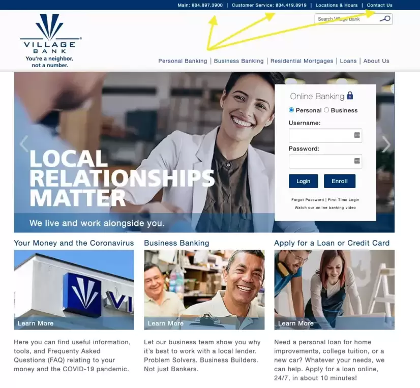 Screenshot of Village Bank website showing the phone number and contact form in the upper right corner.