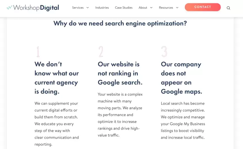 Screenshot of service-specific web page at Workshop Digital