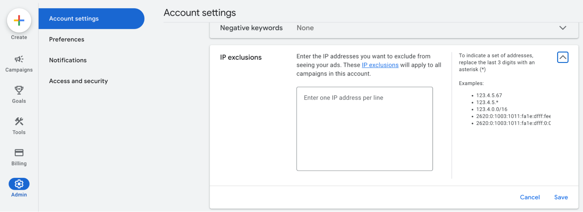 Screenshot of the account settings panel in the Google Ads UI with a field to enter IP addresses to exclude.