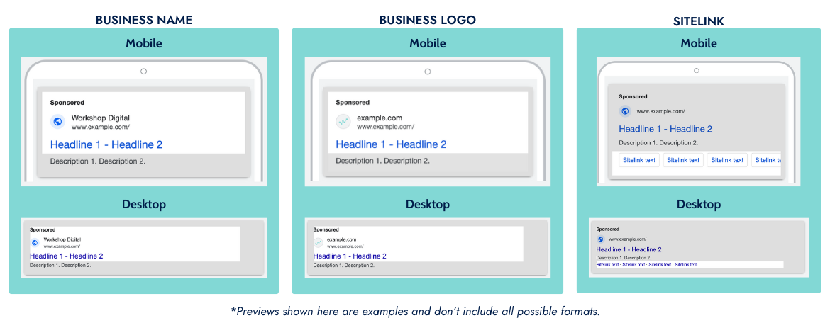 Screenshots of ad assets and extension examples for business name, business logo, and sitelink.