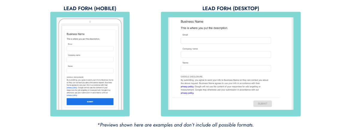 Screenshots of ad assets and extension examples for lead forms.