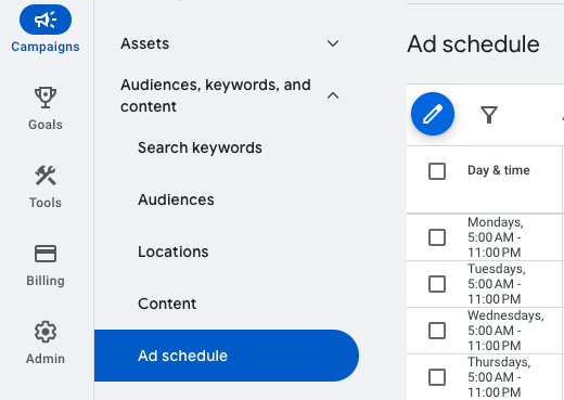 Screenshot of the Ad schedule section of the Google Ads UI