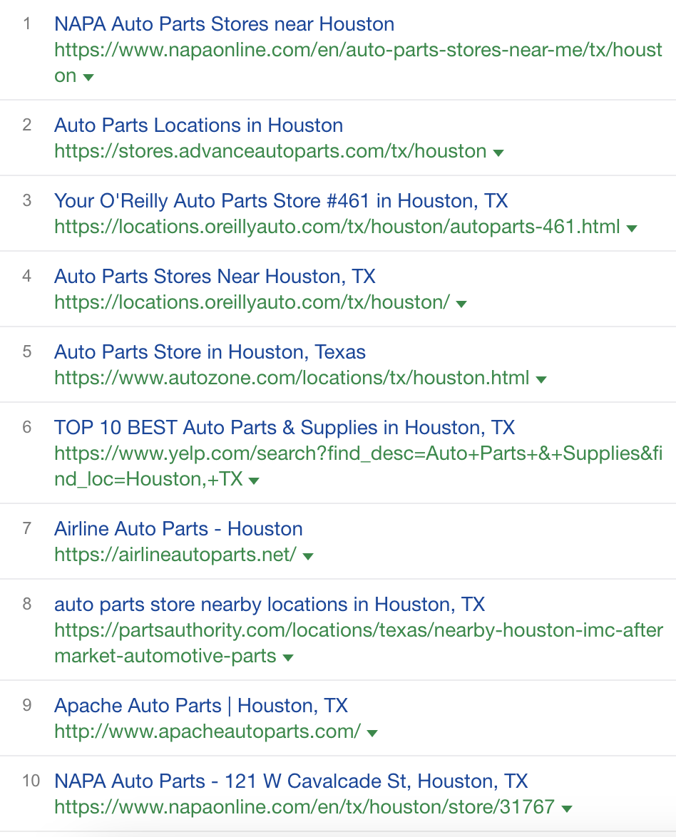 Screenshot of aggregated search results for the term 'auto parts near me' in Houston, Texas.