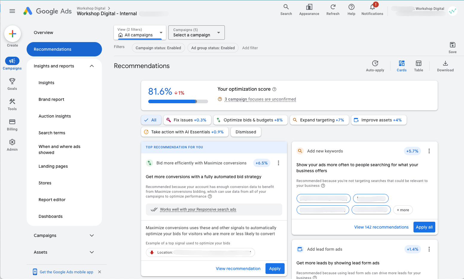 The AI-powered Recommendations tab in Google Ads.