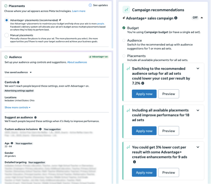 Various examples of Meta's Advantage+ recommendations.