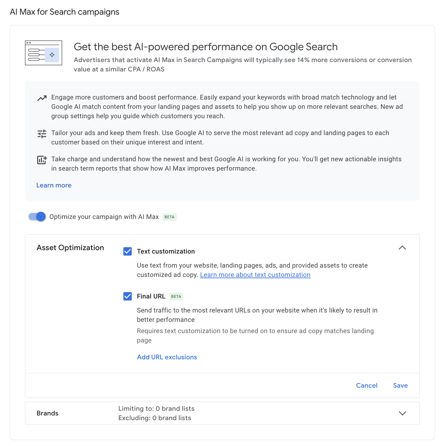Instructions for the AI Max for Search Campaigns beta