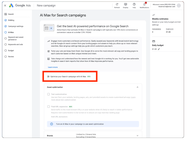 AI Max setting in Google Ads